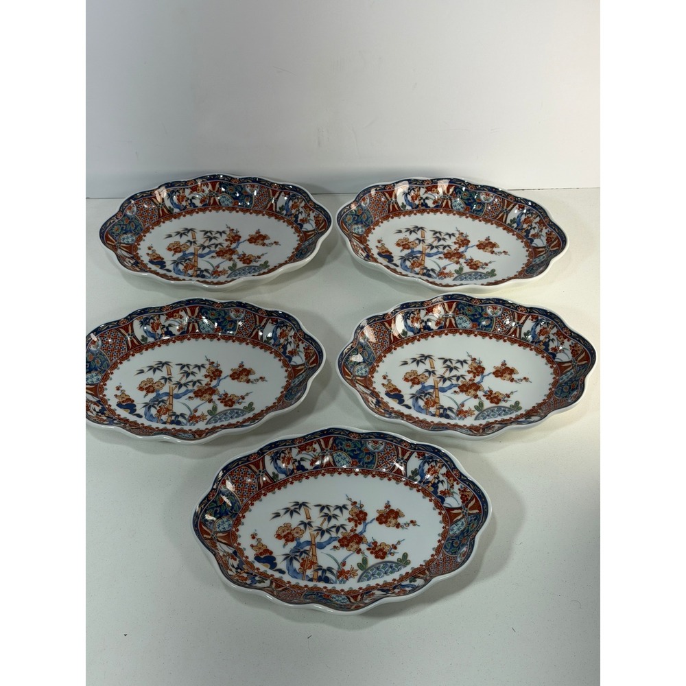 Japanese Arita Imari Porcelain Oval Scalloped Bowls Bamboo Floral Set of 5 Japan